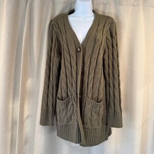 TARSE Olive Green Cable Knit Cardigan Sweater Size L 100% Acrylic Pockets